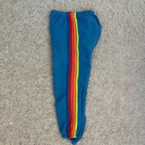 Aviator Nation Blue Track Pants with Rainbow Side Stripes